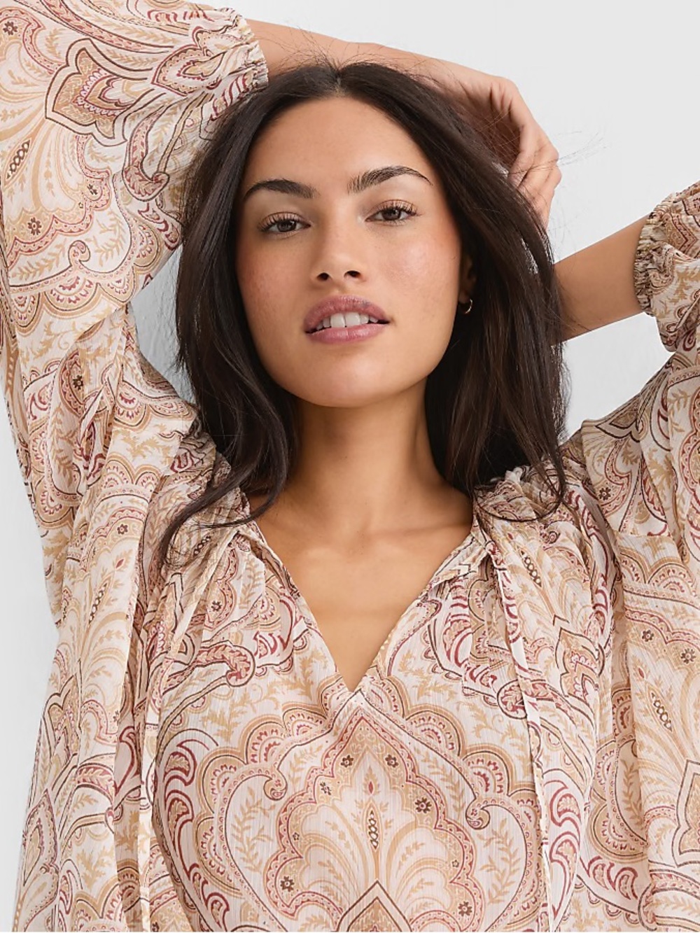 LOFT Tiled Pleated Tie Neck Blouse in Whisper White Size S